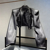 Voguable Y2k Women Black Cropped PU Leather Jacket Stand Collar Zipper Decor Streetwear Casual Short Moto Biker Coat Outwear Fashion voguable