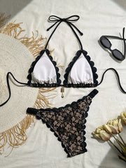 Voguable Sexy Black Lace Micro Bikini Women Metal Ornament Ruffles Push Up Bra Thong Swimwear Summer Bathing Suit Holiday Swimsuit voguable