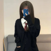 College Sweater Outerwear Cardigan JK Uniform Autumn Winter Japanese Solid V-neck Button Pocket Loose Thin Long Sleeved Knit Top voguable