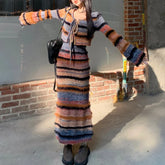 Voguable Autumn New Streetwear Lace Up Sexy Long-sleeved Cardigan Women + Contrast Color Striped Knit Sling Dress Two-piece Suit voguable