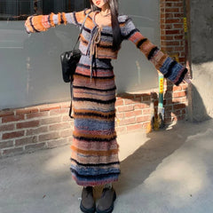 Voguable Autumn New Streetwear Lace Up Sexy Long-sleeved Cardigan Women + Contrast Color Striped Knit Sling Dress Two-piece Suit voguable