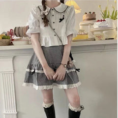 Kawaii Plaid Women Short Skirt Lolita Ruffle Japanese Style Lace Bow Mini Skirts Cutecore Sweet Pleated Preppy Skirt voguable
