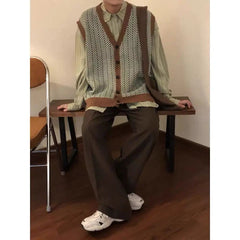 Voguable Men's Loose Korean Style Trendy Versatile Retro Casual Knitted Cardigan Sweater Vest Japanese voguable