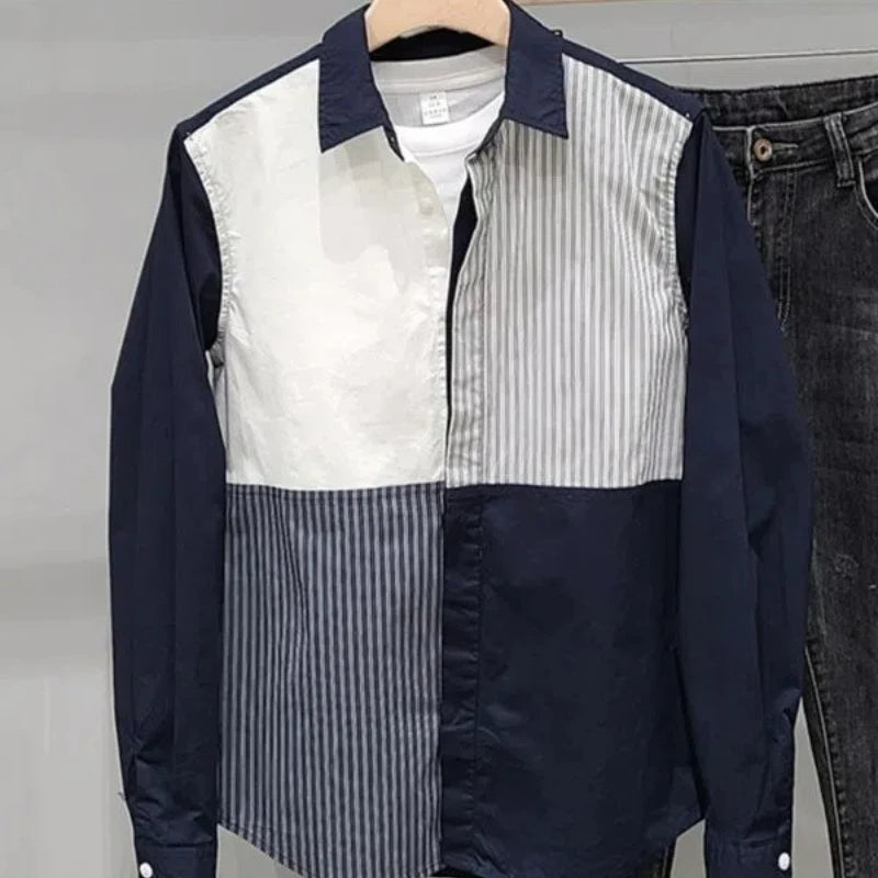 Voguable Stripe Contrasting Splicing Long Sleeved Shirt Men's Korean Version Simple Loose Casual Shirt Top Trend voguable