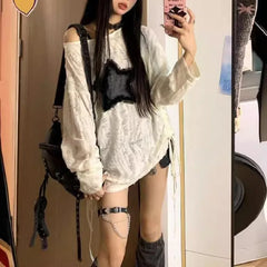 Spring Autumn T-Shirt Women Fashion Star Print Y2k Aesthetic Loose Tees Kpop Fairycore Ripped Tshirt Harajuku Gothic Streetwear voguable