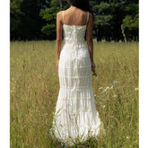 New Summer Chiffon Beige Solid Color Lace-ups Slim Slip Dress Ruffle Chic Party Beach Fashion Long Dress For Women voguable