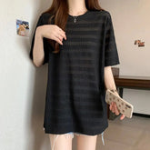 Voguable Summer New Style Hollow Short-sleeved T-shirt for Women Mid-length Loose Versatile Lazy Bottoming Top voguable