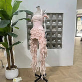 Fashion Women Dress Sleeveless Slash Neck Solid Color Tassel Strapless Irregular Female Party Dress New Tide voguable