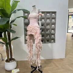 Fashion Women Dress Sleeveless Slash Neck Solid Color Tassel Strapless Irregular Female Party Dress New Tide voguable