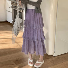Voguable Sweet Lace Ruffles Long Skirt Women Summer Cute Puff Cake A Line Skirt Woman Korean Style High Waist White Chiffon Tulle Skirt voguable