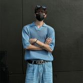 Summer Men's Clothing Light Luxury Korean Popular Hollow Out Polo Shirt Leisure V Neck Short Sleeve Solid Color Retro Knitwear voguable