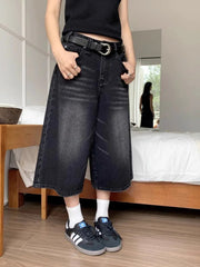 Black Baggy Denim Shorts Women Y2k Vintage Wide Leg Jorts Washed High Waist Streetwear Casual Fashion Loose Trousers voguable