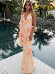 Halter Print Ruffle Sexy Maxi Dress Women Gown Summer New Fashion Sleeveless Backless Ruched Beach Club Party Dress voguable