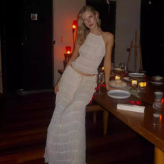 Fashion Solid Hang Neck Long Skirt Suit Women Backless Sling Top Lace Up Fold Maxi Skirts 2024 Spring Summer Female 2 Piece Set voguable