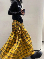 Vintage Plaid Skirt Women Y2k Japanese Style Long Skirt Harajuku Streetwear Fashion Retro A-line Midi Skirts Aesthetics voguable