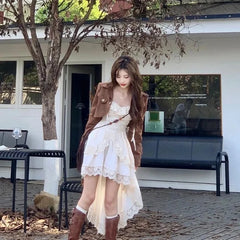 Voguable Y2K 2000S Irregular Midi Dress Women Fairy Lace Patchwork Strap One Pieces Dresses Summer Vacation Korean Bodycon Vestidos voguable