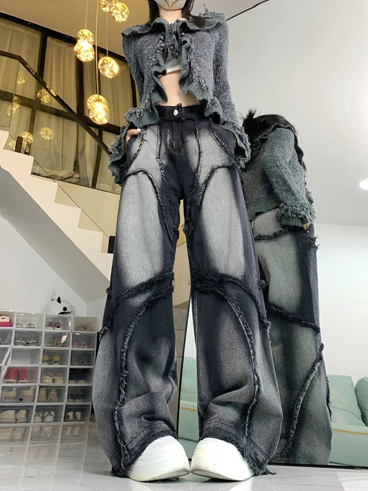Y2k Vintage Jeans Women Wide Leg Pants High Waist Hip-hop Streetwear Black Trouser Retro Baggy Denim Pants Aesthetics voguable