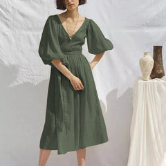 Summer Cotton Linen Women Fashion Dresses Casual Puff Sleeve V-Neck Bandage Holiday Beach Party High Stree Dress voguable