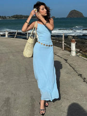 Simple Biased Collar Maxi Dress Women Sleeveless Backless Solid Summer Vacation Classic Beach Party Temperament Vestidos voguable