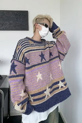 Voguable Y2K Star Sweater Men Harajuku Striped Knitted Pullovers Jumpers Male Tops Oversize Purple Winter Streetwear Hip Hop voguable