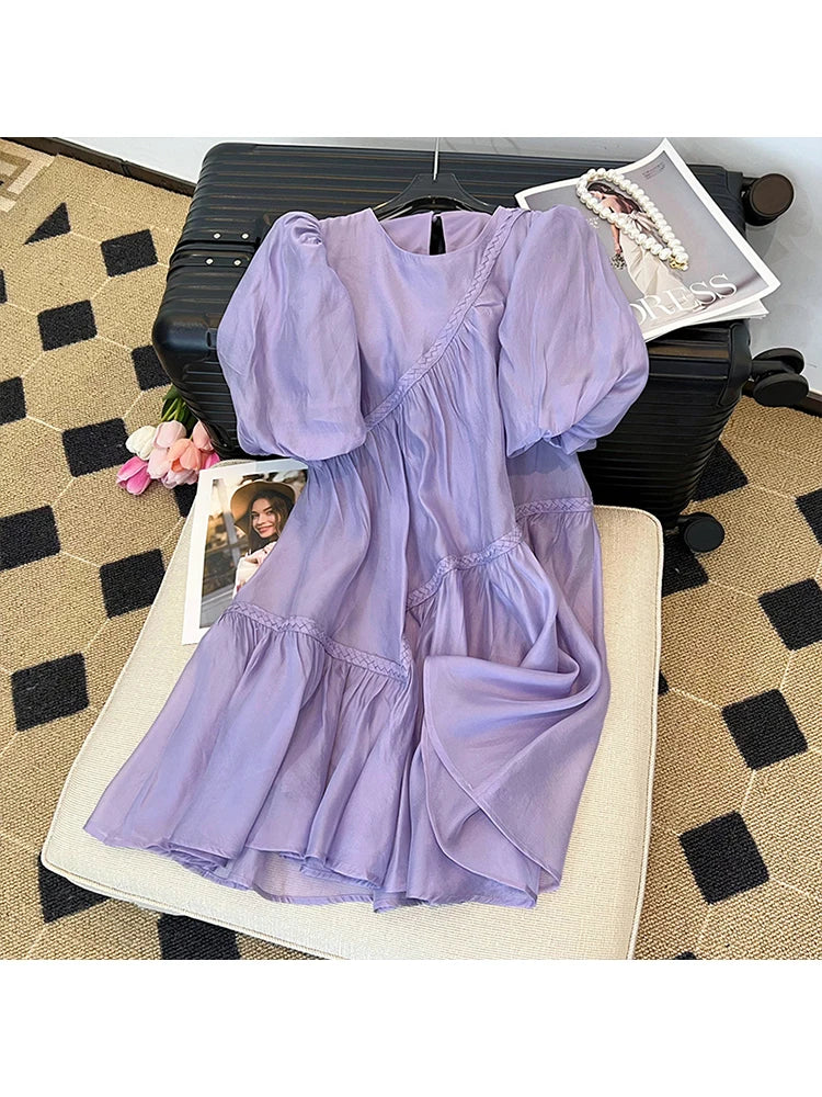 Voguable Summer Women's Purple Short Bubble Sleeve Round Neck Elegant Dresses Spring Casual Loose Mini Dresses Ladies Clothing voguable