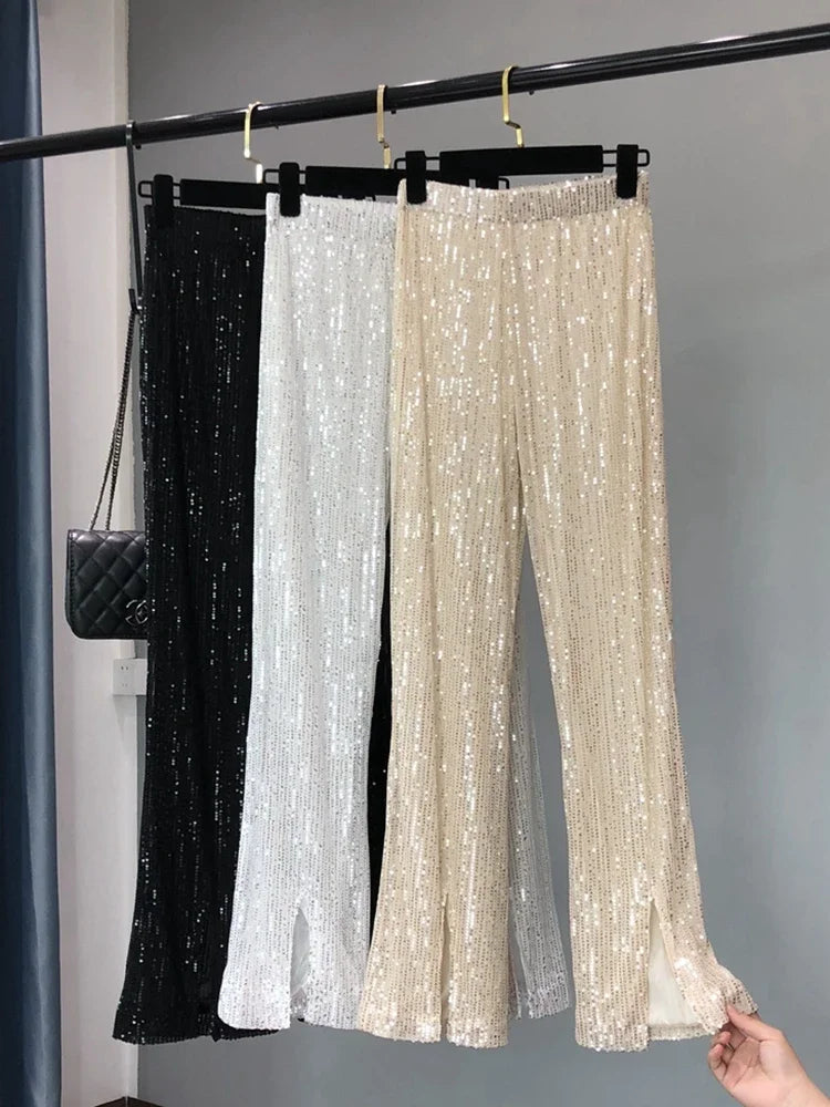 Voguable New Autumn and Winter Women's Fashionable Shiny White Trousers, Versatile Slimming High Waist Sequined Flared Trousers voguable