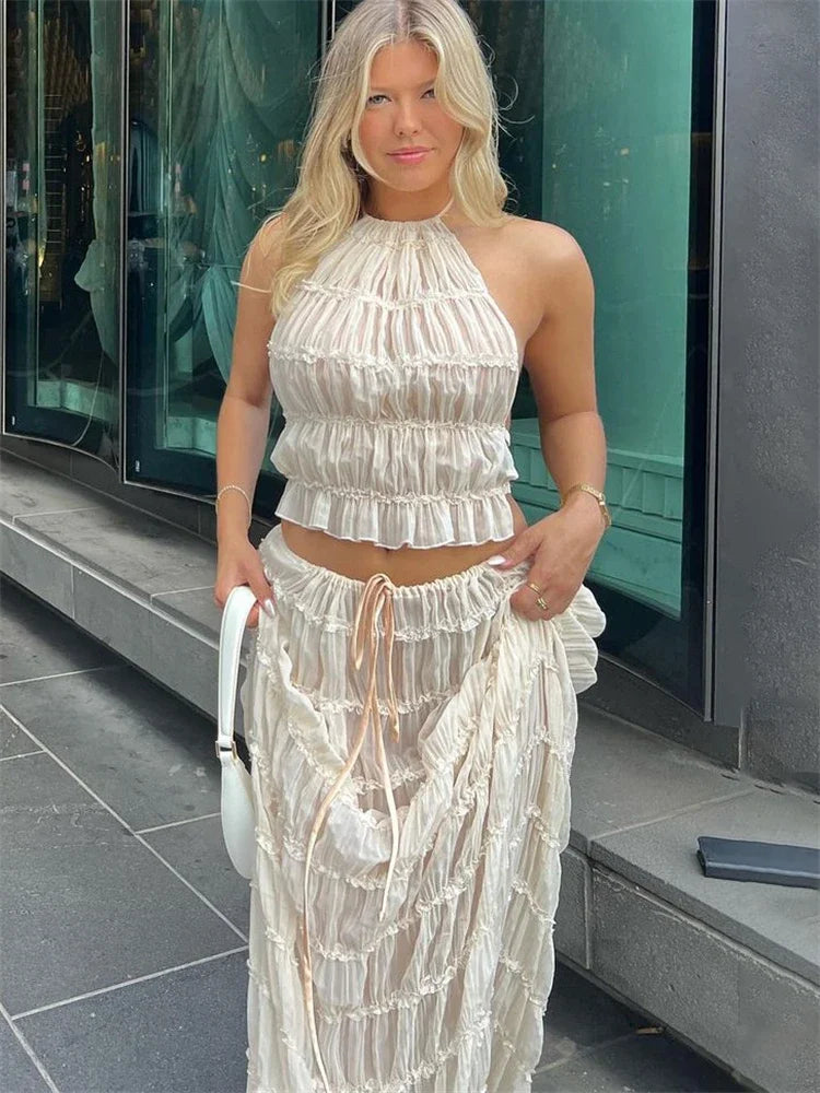 Sexy Backless Halterneck Strappy Pleated Lace Vest Long Skirt Suit For Women Mesh Splice Solid Summer Beach Party Outfits voguable