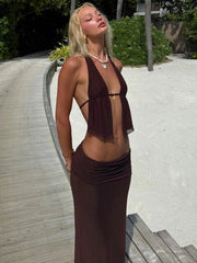 Hollow Out Lace-up Sexy Skirt 2 Piece Sets Women Brown Halter Crop Tops And Maxi Skirt Female Skinny Sexy Two Piece Set voguable