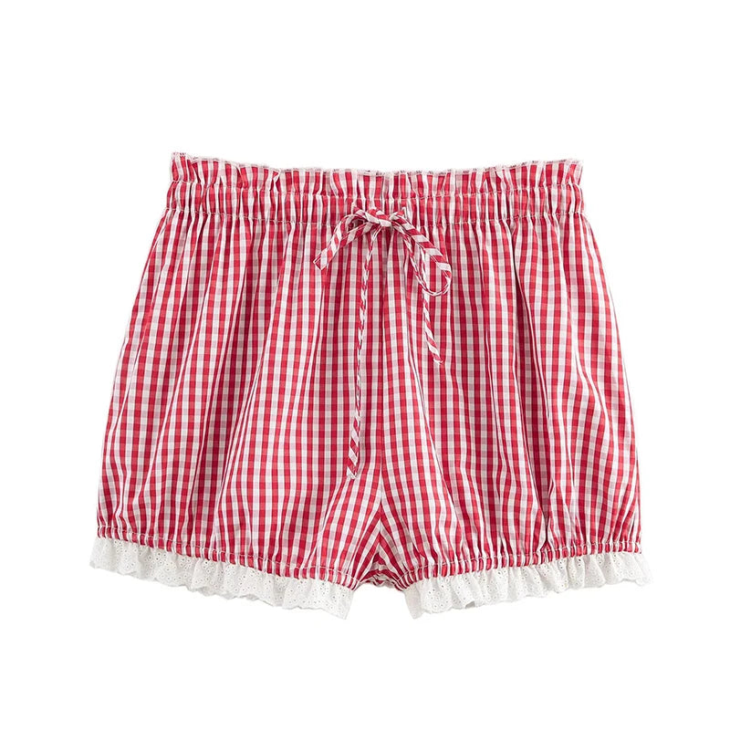 Women Cute Lace Trim Plaid Shorts Low Waist Y2k Pajamas Short Pants Summer Casual Homewear