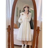 Voguable Vintage Midi Dress Women Japanese Kawaii Lace Patchwork Dresses Ladies Cute Flare Long Sleeve Peter Pan Collar Casual Vestidos voguable