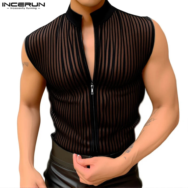 Summer Men's Tank Tops Striped Mesh Transparent Zipper Sleeveless Male Vests Streetwear Sexy 2025 Fashion Men Clothing voguable