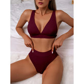 Voguable New All Season Solid Backless Bikini Sexy High Waist V Neck Beach Bikini for Women Split Swimsuit Bikini 2 Piece Set voguable