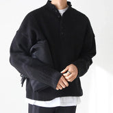 Voguable Korean Fashion Knitted Solid Color Pullover Men Autumn Luxury Sweater Mock Neck Button Long Sleeve Loose Stylish Texture Casual voguable