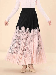 Lace Spliced Printing Pleated Skirts For Women High Waist Loose Causal Colorblock Skirt Female Fashion New Clothes voguable