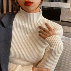 Elegant Solid Basic Knitted Tops Women Turtlneck Sweater Long Sleeve Casual Slim Pullover Korean Fashion Simple Chic Clothes voguable