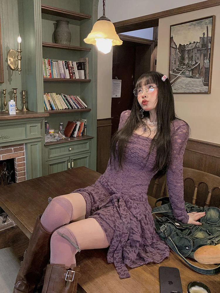 Gothic Black Lace Dress Women Y2K Fall Vintage Elegant Square Collar Purple Mini Dress Streetwear Sexy Slim Party Vestidos New voguable