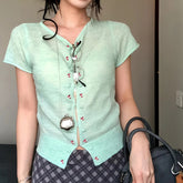 Voguable Mint Green Sheer Knit Cardigan Women Summer Thin Breathable Short Sleeve Crop Top Woman Y2K Slim Fit Hollow Out Knitted T-Shirt voguable