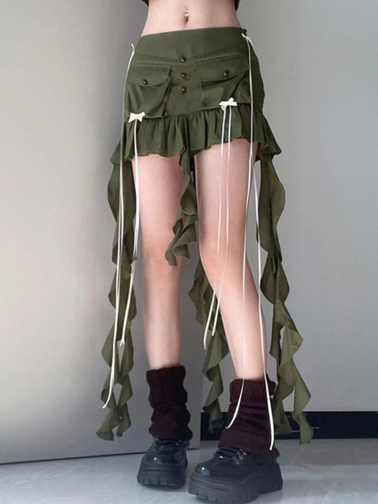 Splice Folds Mini Skirt For Women Pocket High Waist Bnadage Skirts Womens Party Casual Lace Up Slim Skirts Ladies voguable