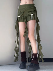 Splice Folds Mini Skirt For Women Pocket High Waist Bnadage Skirts Womens Party Casual Lace Up Slim Skirts Ladies voguable