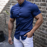 Voguable Fashion Gym Muscle Polo Neck Short Sleeve Shirts Men Elasticity Thin Solid Sport Casual Cardigan Business Shirts Male Blouses voguable