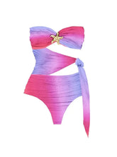 Voguable Sexy Gradient Swimwear with Skirt Sleeveless Hollow Out Long Dress Bandage Swimsuit Summer Beach Female Mesh Robe voguable