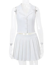 Voguable Eleagnt Pleated Waistcoat Skirts Sets Women White Deep V-neck Single Breasted Sleeveless Top Mini Skirt Female Suit Summer voguable