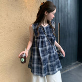 Japanese Sweet Plaid Shirt Women Summer Chic Patchwork Sleeveless Blouse Female New Loose Streetwear All Match O Neck Tops voguable