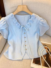 Cute 3D Floral Shirt Women V Neck Vintage Casual Sweet Blouse Korean Summer Short Sleeve Lace Up Retro Female Elegant Tops voguable