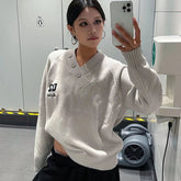 Voguable Women Vintage Knit Sweater Long Sleeve V Neck Lazy Wind Autumn Winter Pullovers Loose Casual Button Print American Retro Jumpers voguable