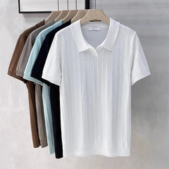 New Men's Clothing Luxury Business V Neck Polo Shirt Casual Slim-fit Knitted Solid Color Short Sleeve T-shirt High Quality Tops voguable