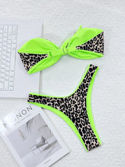 Voguable Sexy Neon Green Leopard Print Contrast Bikini Front Tie Bandeau Push Up Bra 2 Piece Swimsuit Bathing Suit Bikini Set Summer voguable
