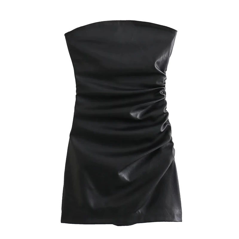 Voguable Sexy Women Strapless Black Faux Leather Draped Dresses Party voguable