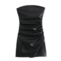 Voguable Sexy Women Strapless Black Faux Leather Draped Dresses Party voguable