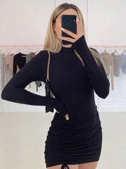 Long Sleeve Ruched Bodycon Dress Women Turtleneck Bandage Mini Dresses Autumn Black Skinny Stretchy Party Vestidos voguable